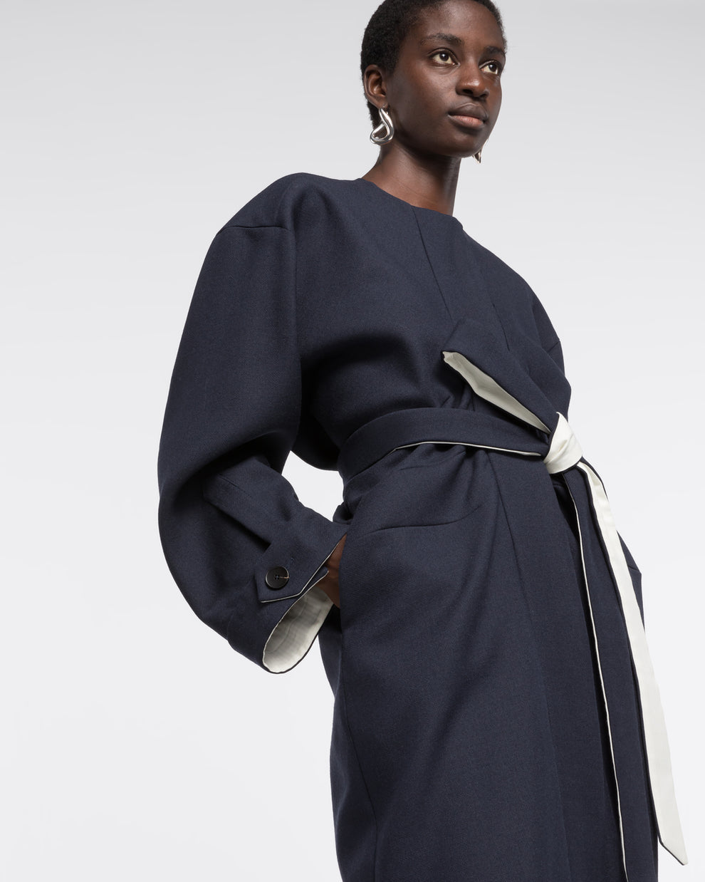 DRAPED WOOL COAT - NAVY – AZ Factory - High-End Designer Fashion
