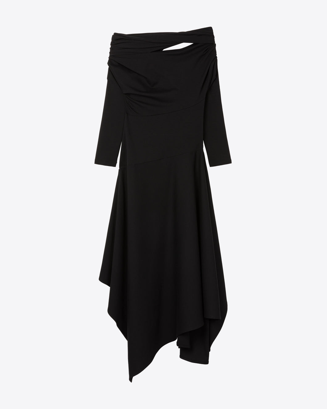 DRAPED ASYMMETRIC SHOULDER DRESS - BLACK