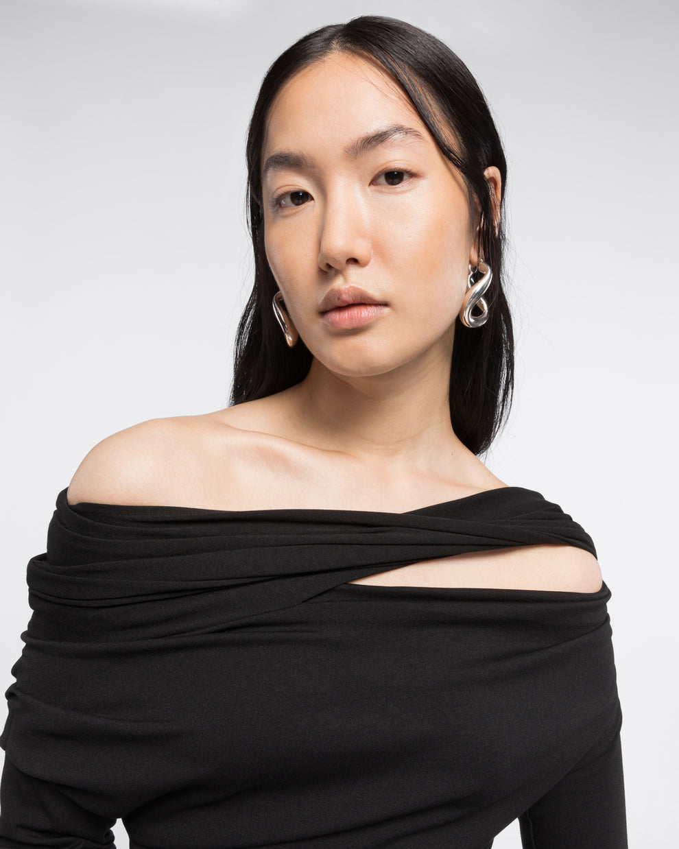 DRAPED ASYMMETRIC SHOULDER DRESS - BLACK - AZ Factory