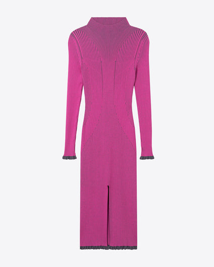 RIBBED KNIT TURTLENECK SLIT DRESS - FUCHSIA/GREY