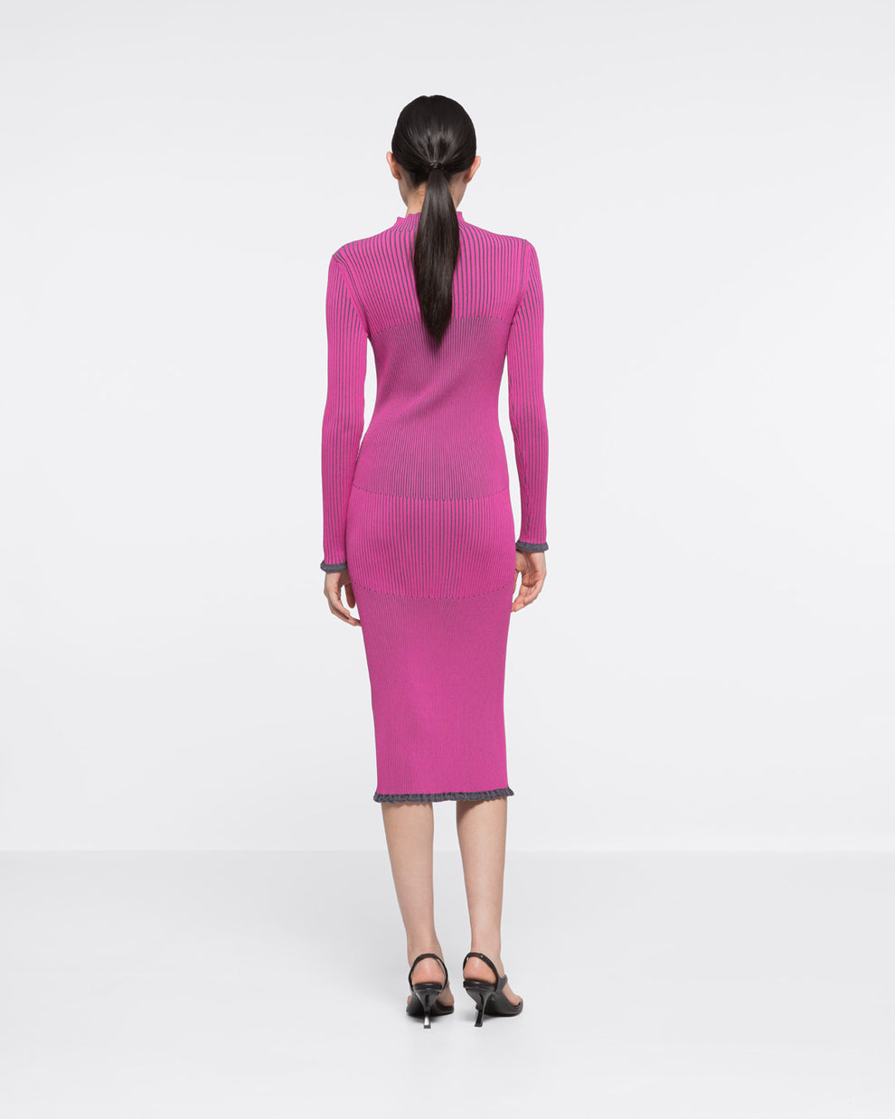 RIBBED KNIT TURTLENECK SLIT DRESS - FUCHSIA/GREY - AZ Factory