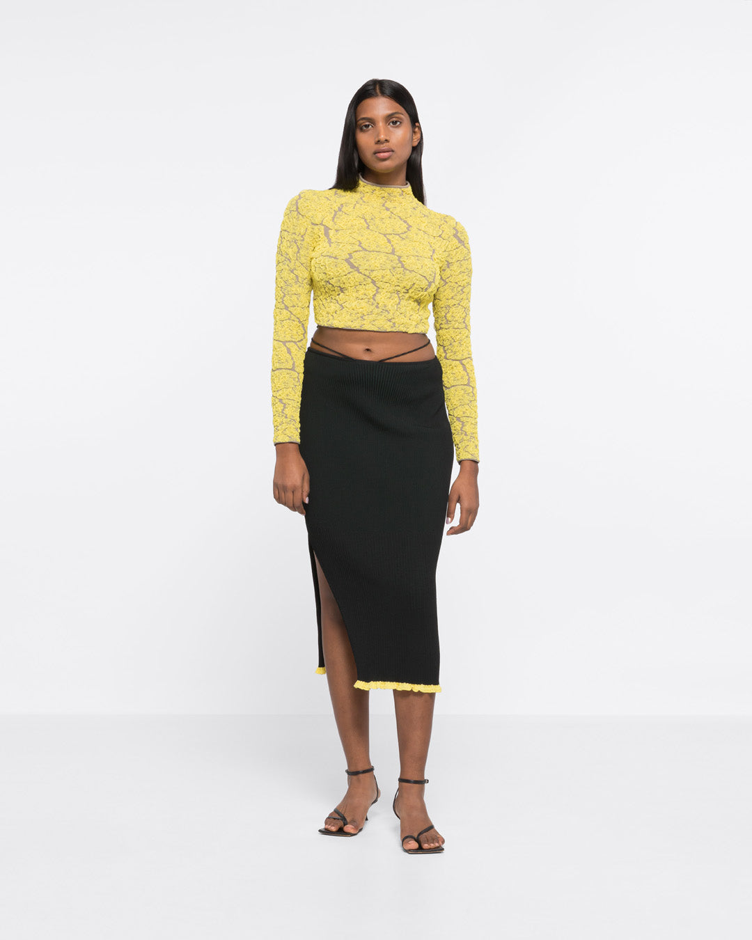 Black lace shop top yellow skirt