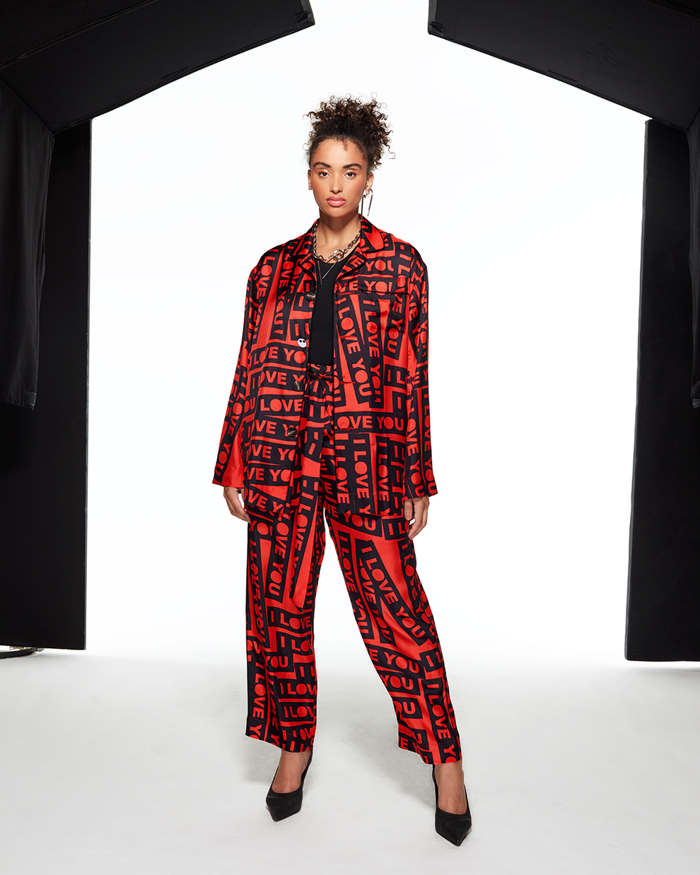 SILK PYJAMA SHIRT I LOVE YOU - BLACK / RED - AZ Factory