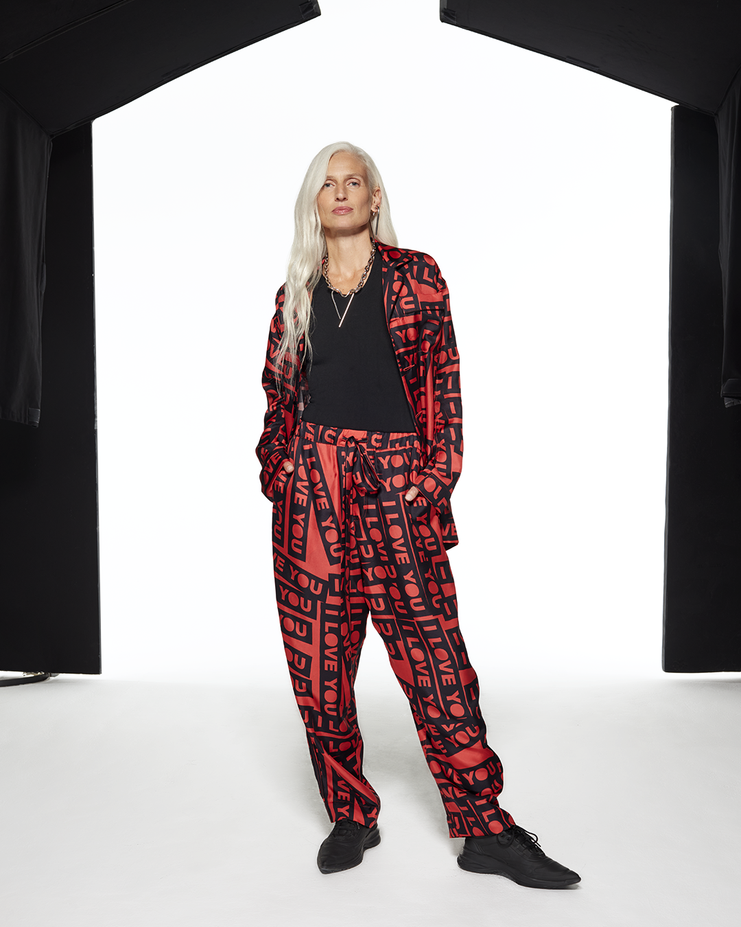 SILK PYJAMA SHIRT I LOVE YOU - BLACK / RED - AZ Factory